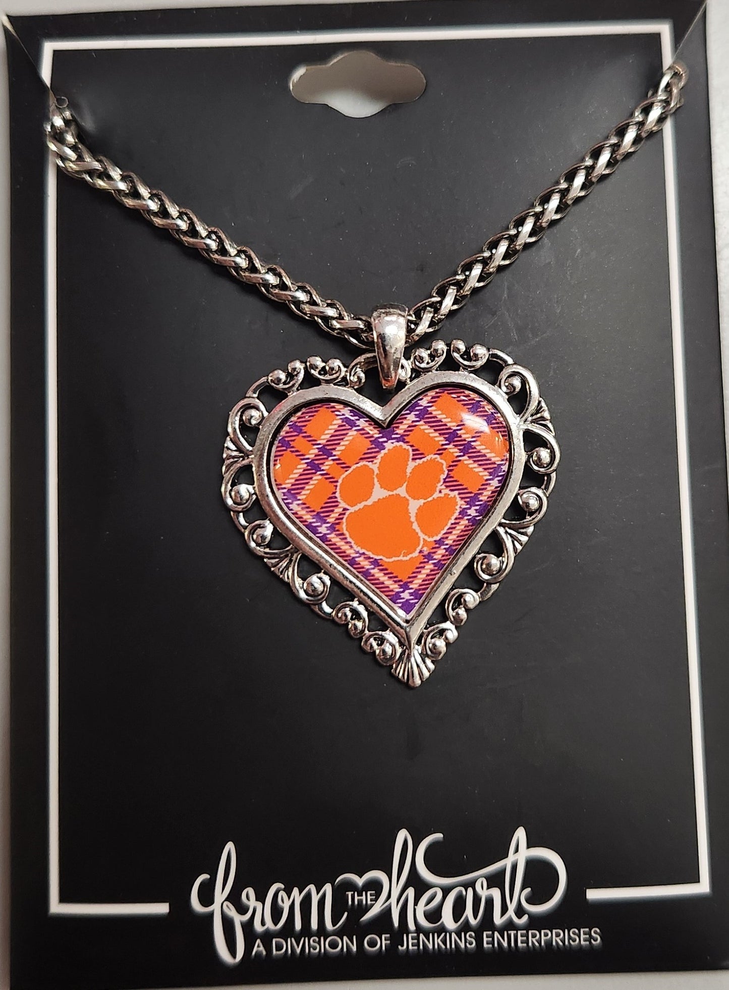 Clemson Tigers Heart/Plaid Necklace