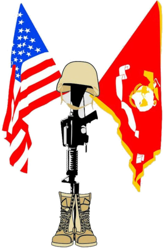 Fallen Marine, Battlefield Cross w\American & Marine Corps Crossed Flags Decal