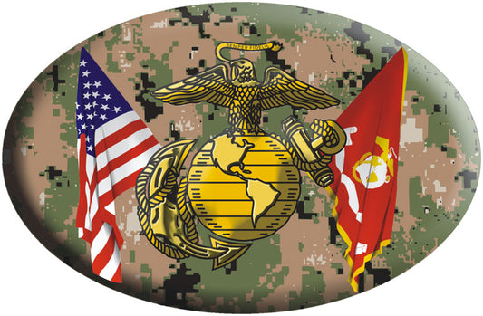 American and Marine Crossed Flags with EGA Emblem on Digital Camo Oval Magnet