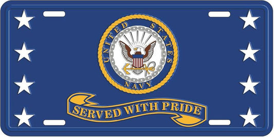 Served with Pride Navy Blue Metal License Plate